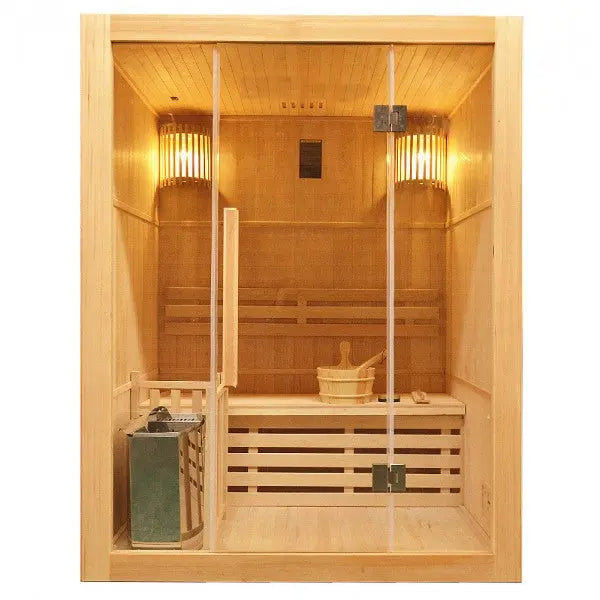 Traditionelle Finn-Sauna hergestellt aus hochwertiger Hemlocktanne | Inkl. Saunaofen und komplettem Zubehör | Dampfsauna für 3 Personen bad-oase